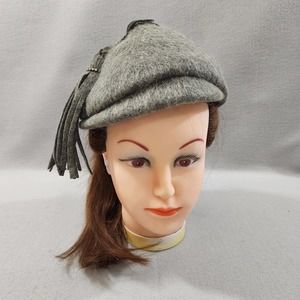 Gray Wool Brim Tassel Rhinestone Beret Church Derby Cabbie Cloche Hat Cap Vtg